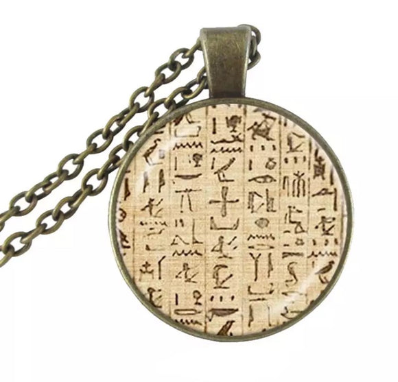 Egyptian Hieroglyphics Bronze Glass Dome Necklace