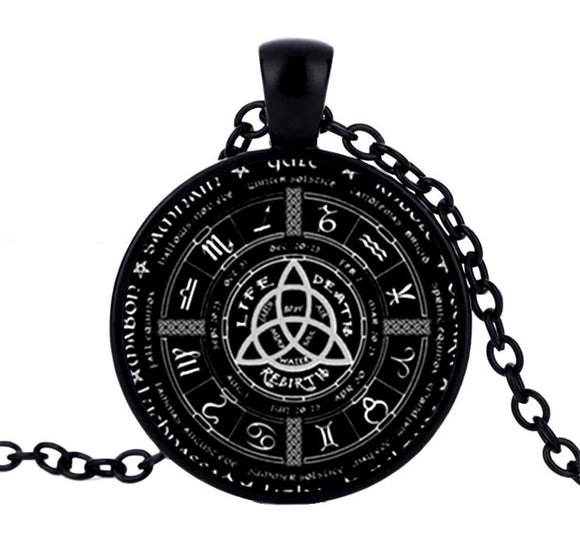 Black Triquetra Knot Zodiac Glass Dome Necklace