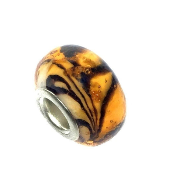 Earth Orange Sparkle & Black Swirl Murano Glass Bead Charm (Fits Pandora)