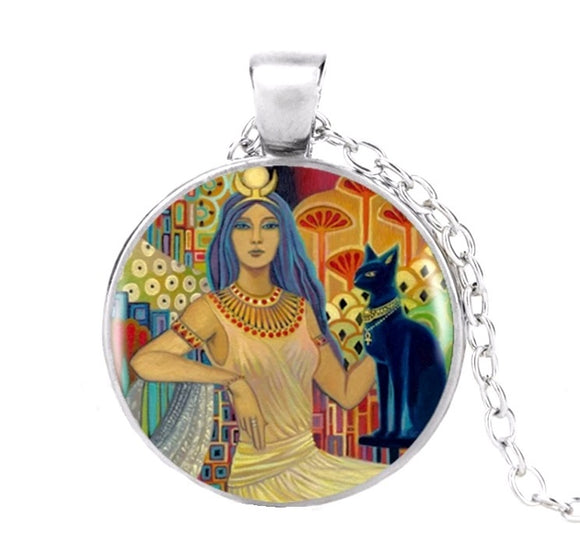 Egyptian Queen Goddess & Bastet Cat Glass Dome Necklace