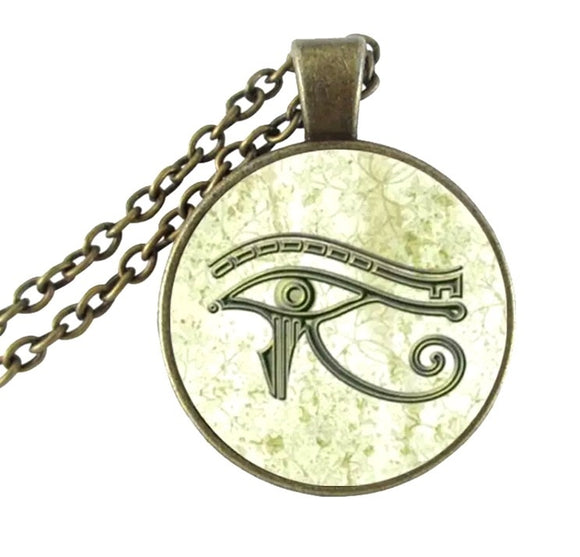 Egyptian Eye of Horus Ra Bronze Glass Dome Necklace