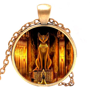 Egyptian Bastet Cat Copper Glass Dome Necklace