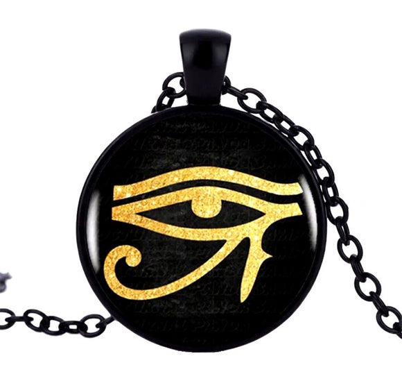 Egyptian Eye of Ra Black & Golden Glass Dome Necklace