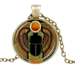 Egyptian Scarab Bronze Glass Dome Necklace