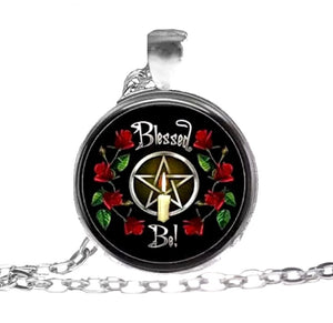 Blessed Be Wiccan Pentagram Candle Red Roses Glass Dome Necklace