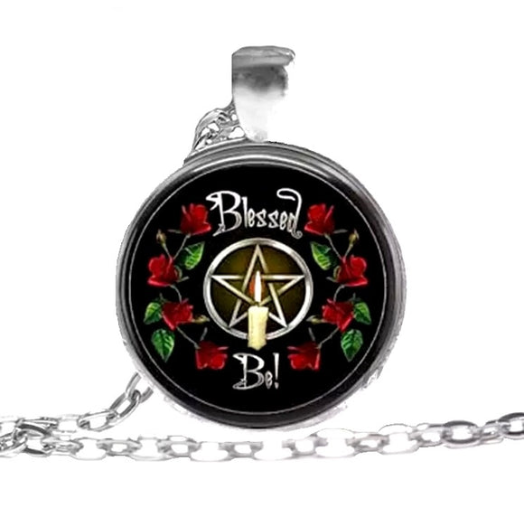 Blessed Be Wiccan Pentagram Candle Red Roses Glass Dome Necklace