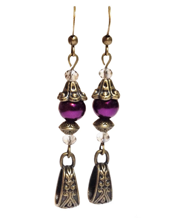 Purple glass crystal bronze handcrafted beaded earrings