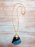 Blue Black Agate Gemstone Pendant Wire Wrapped 18K GP Yellow Gold Plated Chain