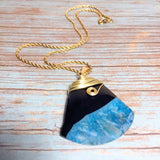 Blue Black Agate Gemstone Pendant Wire Wrapped 18K GP Yellow Gold Plated Chain