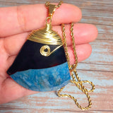 Blue Black Agate Gemstone Pendant Wire Wrapped 18K GP Yellow Gold Plated Chain