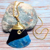 Blue Black Agate Gemstone Pendant Wire Wrapped 18K GP Yellow Gold Plated Chain