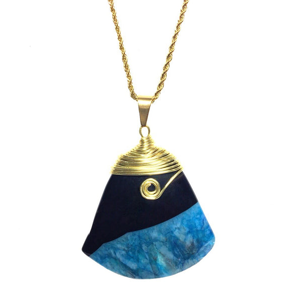 Blue Black Agate Gemstone Pendant Wire Wrapped 18K GP Yellow Gold Plated Chain