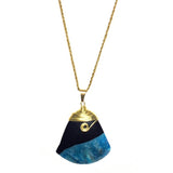 Blue Black Agate Gemstone Pendant Wire Wrapped 18K GP Yellow Gold Plated Chain