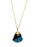 Blue Black Agate Gemstone Pendant Wire Wrapped 18K GP Yellow Gold Plated Chain