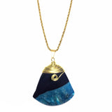 Blue Black Agate Gemstone Pendant Wire Wrapped 18K GP Yellow Gold Plated Chain