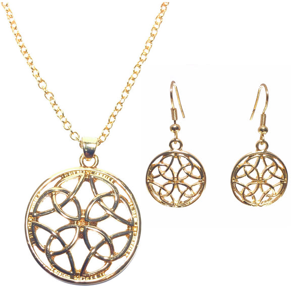 Celtic Knot Circle Light Gold Chain Necklace and Earring Set