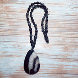 Agate Gemstone Pendant Beaded Glass Braided Handcrafted Cord Long Necklace