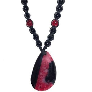 Red Black Agate Gemstone and Glass Beaded Handcrafted Men's Braided Cord Necklace