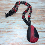 Red Black Agate Gemstone and Glass Beaded Handcrafted Men's Braided Cord Necklace