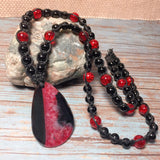 Red Black Agate Gemstone and Glass Beaded Handcrafted Men's Braided Cord Necklace