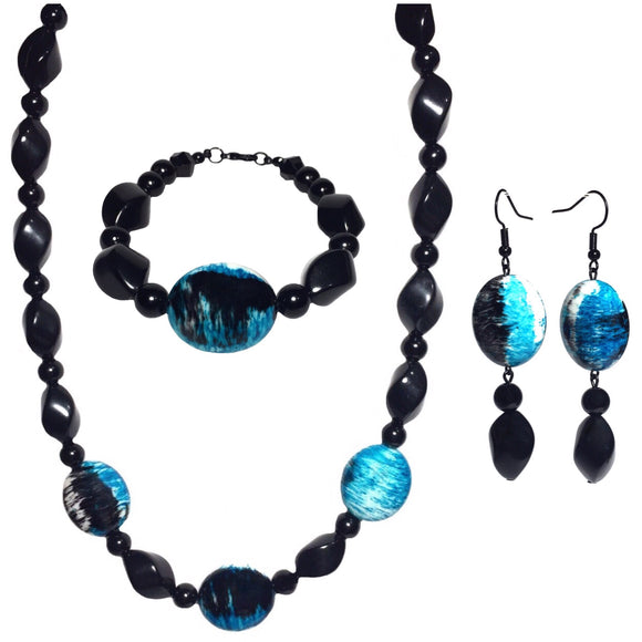 Blue and Black Handcrafted Beaded Acrylic Set Necklace Bracelet Earrings