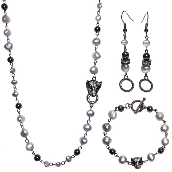 Gray Freshwater Pearl Gun Black Hematite Gem Rhinestone Leopard Jewelry Set Necklace Bracelet Earrings