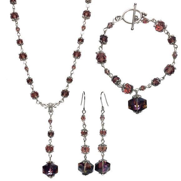 Purple Glass Crystal Beaded Handcrafted Jewelry Set Necklace Bracelet Earrings