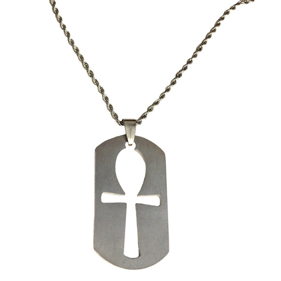 Egyptian Ankh Outline Steel Pendant Necklace 18K GP Silver Plated Chain