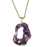 Purple Druzy Agate Gemstone Chain Necklace 18K GP Yellow Gold Plated