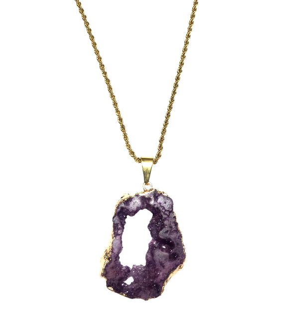 Purple Druzy Agate Gemstone Chain Necklace 18K GP Yellow Gold Plated