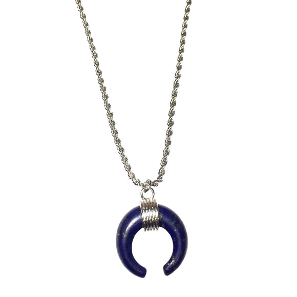 Natural Lapis Lazuli Crescent Moon Gemstone Pendant on White Gold Plated Silver Chain Necklace