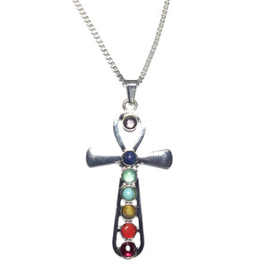 Egyptian Ankh Chakra Gemstone Pendant Chain Necklace Silver