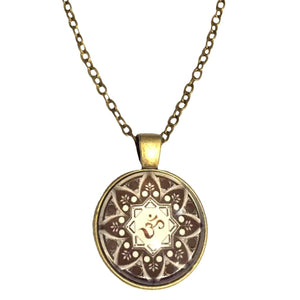 Buddhist Ohm Bronze Glass Dome Pendant Chain Necklace