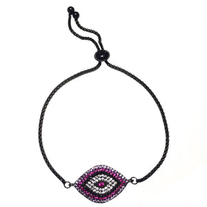 Evil Eye Black and Raspberry Rhinestone Adjustable Chain Bracelet