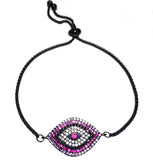 Evil Eye Black and Raspberry Rhinestone Adjustable Chain Bracelet