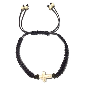 Beige Howlite Gemstone Cross Braided Dark Brown Adjustable Cord Bracelet