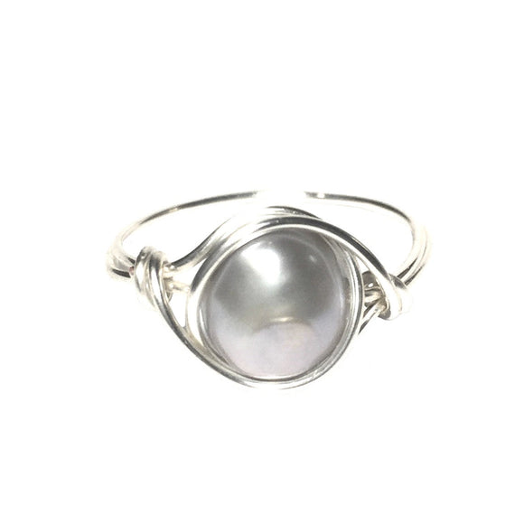 Natural Freshwater Pearl Light Gray Silver Wire Wrapped Handcrafted Ring Size 6.75 US