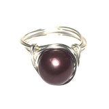 Natural Freshwater Pearl Dark Burgundy Red Silver Wire Wrapped Handcrafted Ring