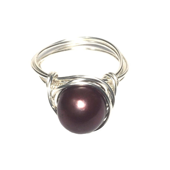 Natural Freshwater Pearl Dark Burgundy Red Silver Wire Wrapped Handcrafted Ring