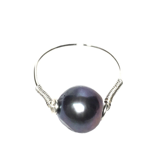 Naturally Freshwater Pearl Dark Gray Purple Silver Wire Wrapped Handmade Ring