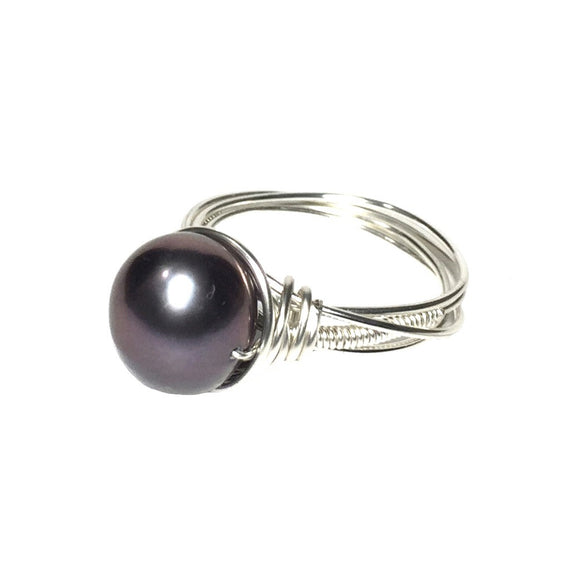 Natural Freshwater Pearl Dark Gray Purple Silver Wire Wrapped Handcrafted Ring Size 6.5 US