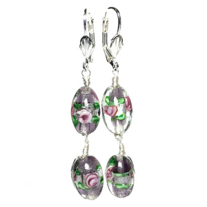 Floral Lampwork Glass Wire Wrapped Handcrafted Earrings