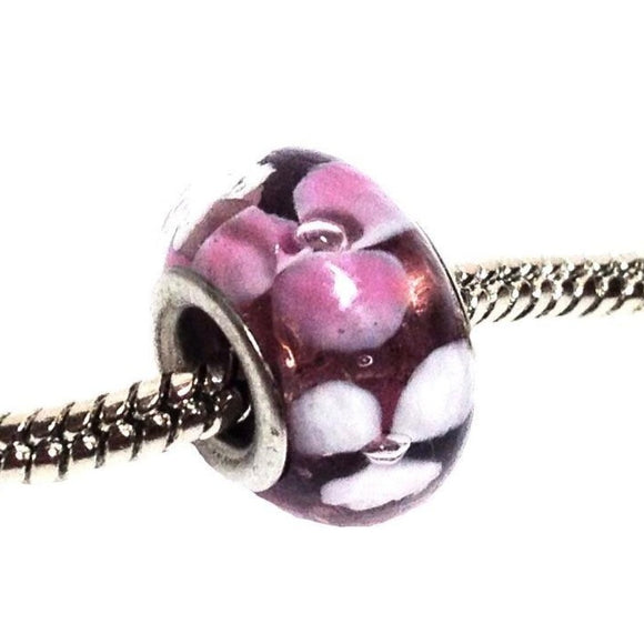 Purple Floral Murano Glass Bead Charm Fits Pandora Bracelet