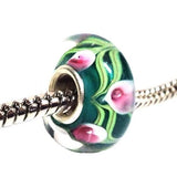 Teal Pink Floral Murano Glass Bead Charm Fits Pandora