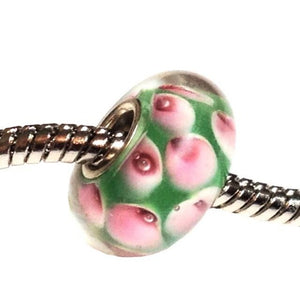 Green and Pink Floral Murano Glass Single Core Bead Charm