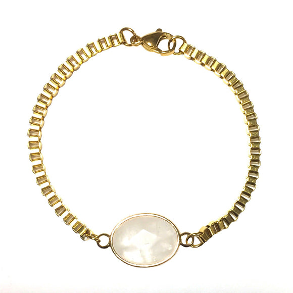 Clear Quartz Oval Gemstone 18KGP Yellow Gold Plated Chain Bracelet