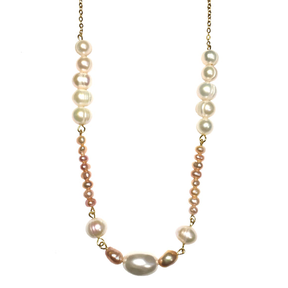 Natural Freshwater Pearl Beaded Handmade 18K GP Yellow Gold Plated Chain Necklace