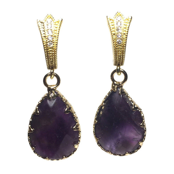 Amethyst Gemstone Teardrop Yellow Gold Rhinestone Earrings