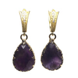 Amethyst Gemstone Teardrop Yellow Gold Rhinestone Earrings