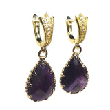 Amethyst Gemstone Teardrop Yellow Gold Rhinestone Earrings